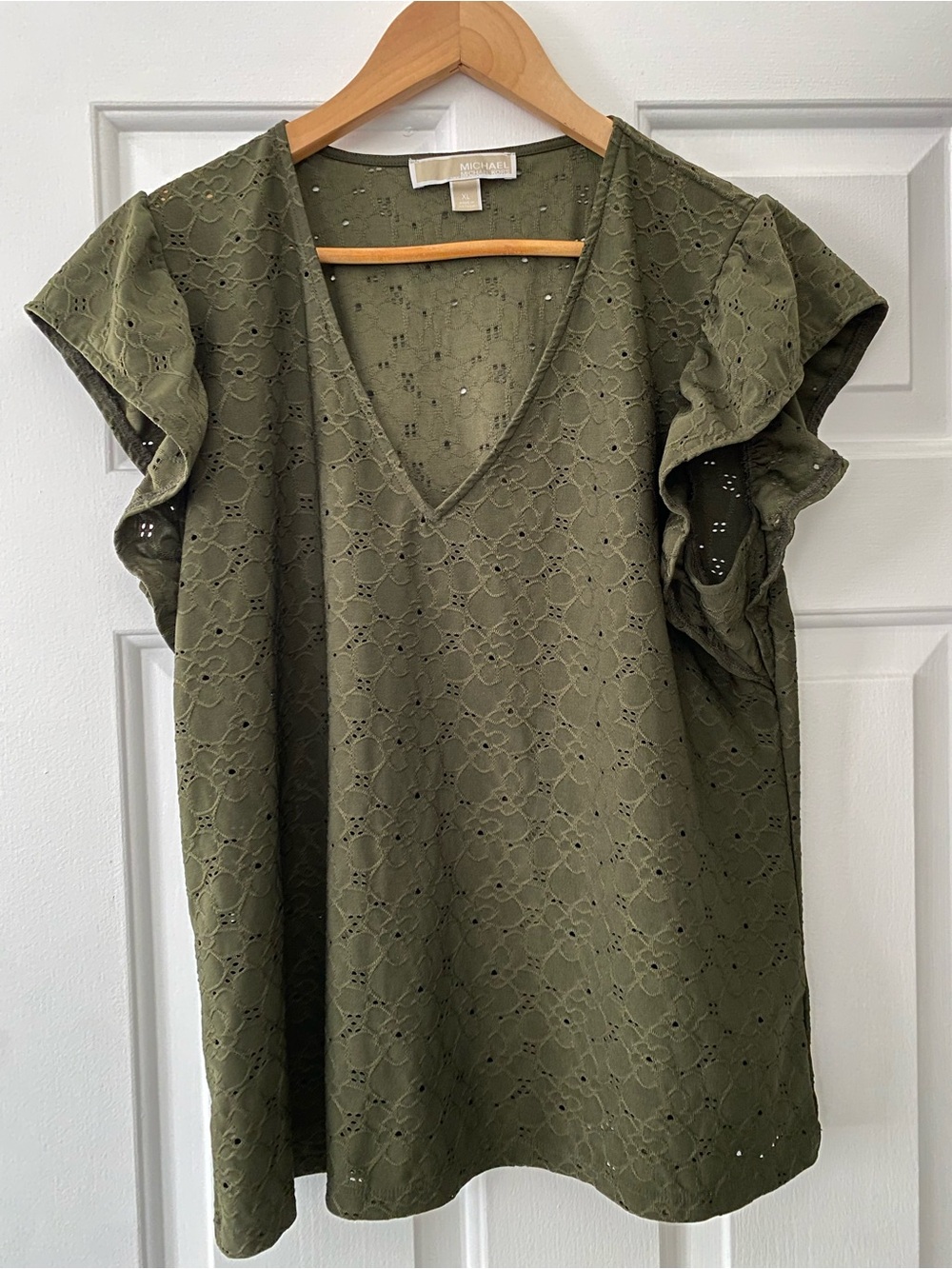 Michael Kors Olive Eyelet V-Neck Flutter Sleeve Top
